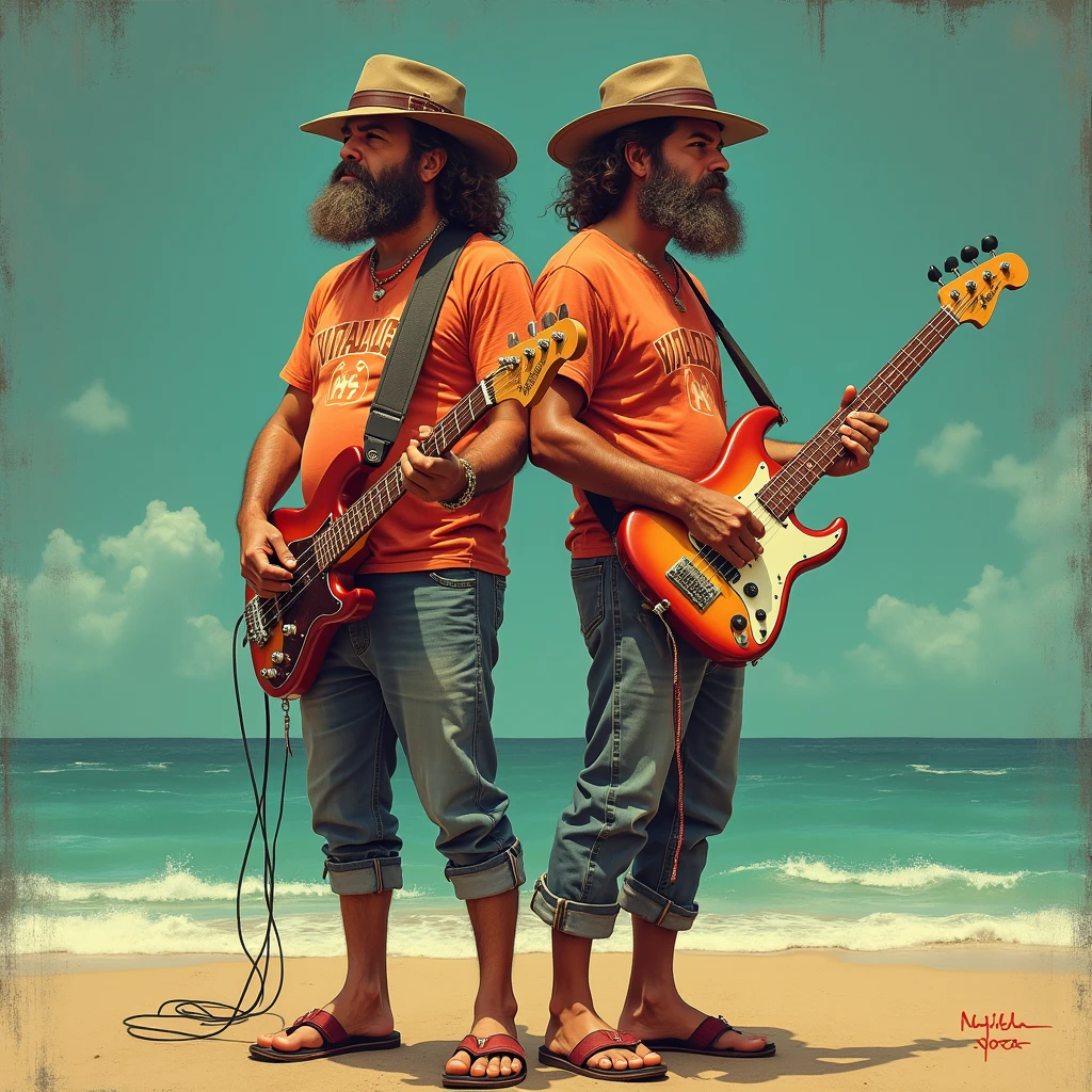 Create a 2 man with a drug addict look on the beach having fun with hippies sleeping in the sand
