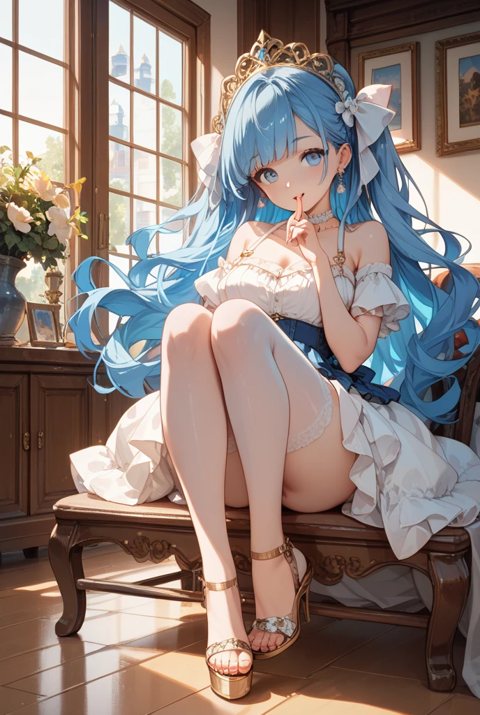 hatsune Miku、(ultra Realistic), (An illustration), (Highres), (8K), (highlydetailed), (the best illustration), (Beautiful Detailed Eyes), (beste Quality), (Super Detailed), (Master peace), (Wallpapers), (Detailed Face), solo, 1girl, Aristocratic dresses、White hair, Iris heterochromatic eyes, small moles under eye, medium chest, Long legs,Stunning composition,Foot braids,Beautiful and detailed legs