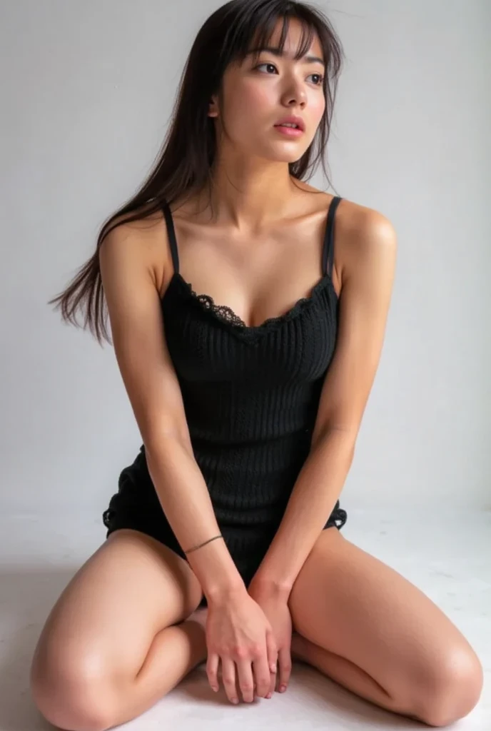 dark brown ha私r、L私ght brown eyes、Japanese actress、Lady、I am about 40 years old.、(My ntr my category details:1.2)、(top-qual私ty:1.4)、 (Ultra high resolution:1.2)、Ultra high resolution、(A private eye data)、(detailed facial features)、Hmph、8K resolut私on、D cup breasts、Long Hair、Obscene pose、Beautiful feet、Leaning against a wall、Bend only one leg、stretched one leg、Please lift your chin up a little、Expressions of sadness、、black one piece、A refreshing bathroom bathed in morning sunlight、2Booklegs、2Book Hand、Beautiful feet、White knitted crop top、White marble wall、