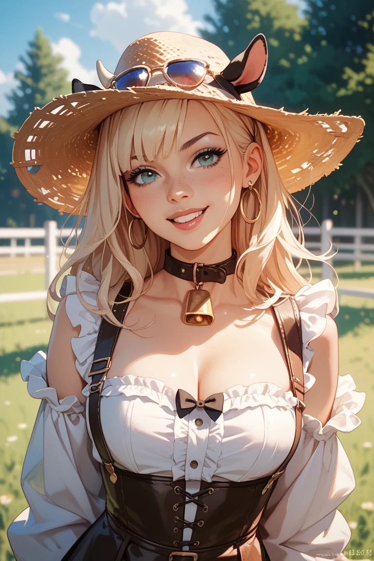 (Masterpiece, Best Quality:1.2), Cowboy shot, 独奏, 1girl, Smile, looking a viewer, blonde hair, blue eyes, jumpsuit, Jeans, Wheat field