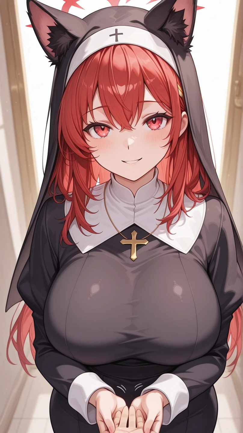 (Married woman:1.5), (Elegant:1.3),( Annadef) 1girl, solo, (multicolored hair),( two-tone hair), (hair ornament),( yellow eyes),( short hair),( pink hair), (red hair),(orange hair),(Big eyes:1.2), (droopy eyes:1.4), (nun:1.4), (shiny skin:1.5), (exquisite female body:1.5), (well-shaped big breasts:1.3), (black head veil:1.4), (black scapular:1.3), (black tunic:1.3), (looking away:1.3), (profile:1.3), (skindentation:1.4), (church:1.3), (pov:1.5), (close up:1.3), (View from below:1.3), (High resolution:1.2), (highest quality:1.2), (8K:1.2),blush,nipples,((show nipples)),((show tits))