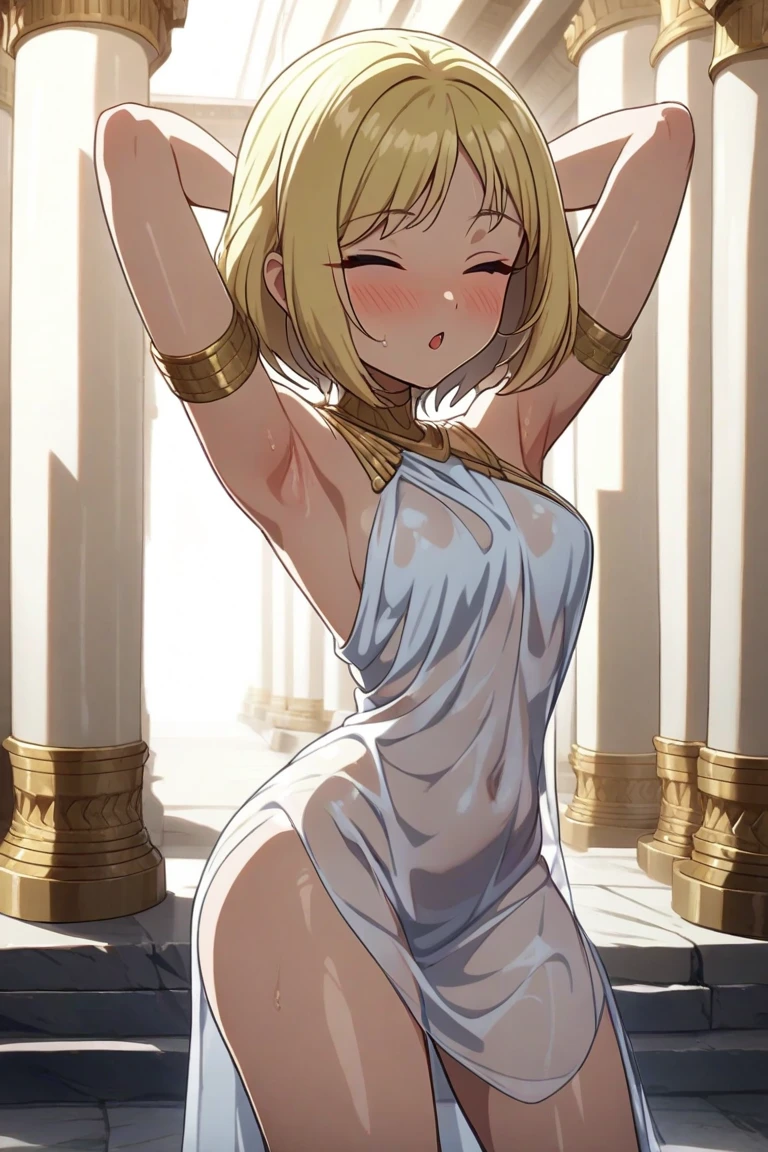 anime Greek princess, chained to a pillar with shackles on her feet and hands, trapped on a pillar, completely naked, without clothes, awaiting the time of sacrifice ((well-designed nipples)) (well-designed genitalia), arms up, handcuffs in her hands, chains around her body, hanging by chains, Beautiful anime girl, flushed face, she is standing in front, has long blonde hair. Ancient Greek scenery in front of the sea.