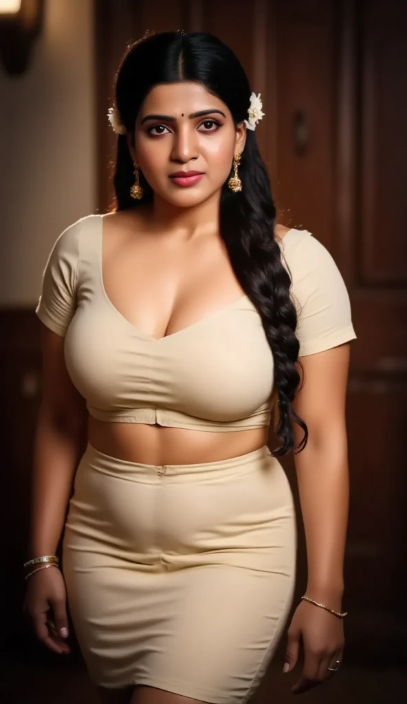 Indian woman masterpiece, best quality, ultra-detailed, (warm hue, warm tone: 1.2), wearing saree blouse
, 20 years old, (chubby cheeks:1.1), (curvy body:1.2), (bindi), An Indian beauty, charismatic, light Indian- skin, view the viewer, naughty smile, Indian village,fat Chubby big oiled Cleavage Village light, side lighting, ultra high resolution, best shadow, RAW, seductive look, 4k