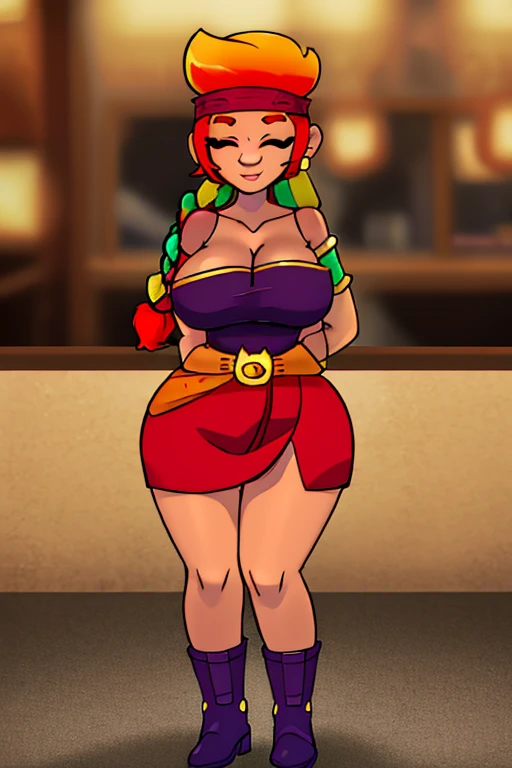 (masterpiece, best quality, hires, high resolution:1.1), (intricate details, highres), 1girl, solo, amberBS, black eyes, orange hair, headband, smile, single braid, dark-skinned female, earrings, red towel, cleavage, bare shoulders, bracer, armband, armlet, belt, purple boots, arms behind back, gigantic breasts, wide hips, sitting, in bar