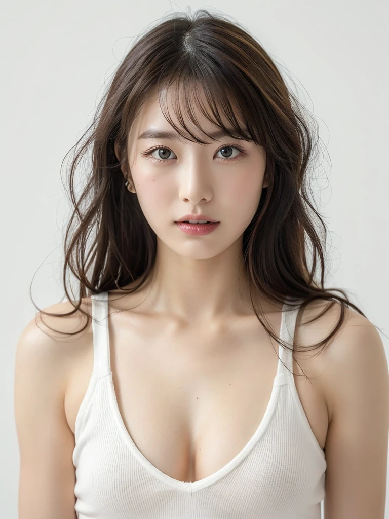 ((pink-black: 1.5)), Sexy pose sculpture, (masutepiece:1.3), (8K, Photorealistic, Raw photography, Best Quality:1.4), (1girl in), Beautiful face, Realistic face, (Detailed face), Beautiful hairstyle, (detailed hairs), Realistic eyes, (Detailed eyes), Beautiful details, Realistic skin, (Detailed skin), Beautiful skin, Attractive, Ultra high definition, A hyper-realistic, Very detailed, (Big breasts:0.5), Japanese beauty, (slim figure), Gentle, Brown hair, (Supermodel Figures), Cute young Japan girl, Cute young Japan girl, (with a simple gray background), Big breasts :1.2, Enhanced cleavage, bashful, Wide Shot, (Full body), ((pink-black: 1.5))