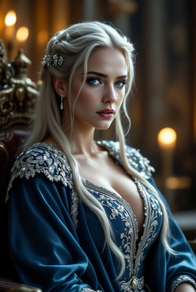 (((a deep reddish wound crosses her left cheek))) fair complexion, woman around 40 years old, natural white hair, distinctive green eyes, wearing kohl, sitting on the throne, slender and graceful, beautiful, candlelight in a medieval setting, best quality, ultra high res, Raw photo, Nikon D850, backlight, rimlight, bright sunlight, film grain:1.2, (warm hue, warm tone:1.2), (color photo), ultra sharp focus, realistic shot, medieval female clothes, tetradic colors (scar:1.4), ((fullbody)), whole body capture, medium breast, breasts cleavage, eyes on camera, face on camera,