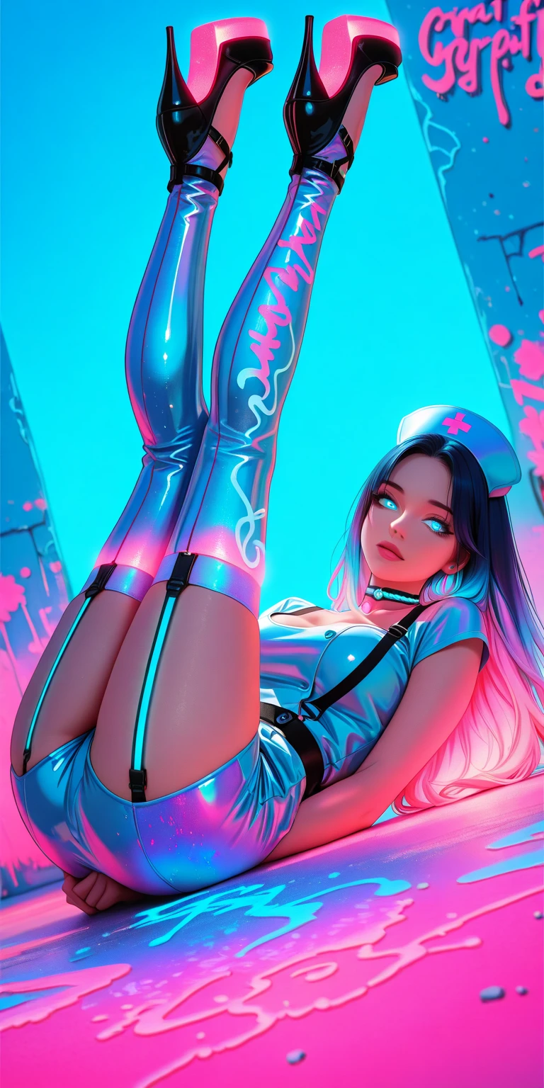 3girl，blond hairbl，A pink-haired，blue  hair[Very short hair|Very long braids]asymmetric dress]，underboobs，Crouch in front of a graffiti-covered wall，street fashion，high-heels，very sexy poses， by art Germ，Only fans，prengant，squatt，Spread your legs apart，Sex toys
