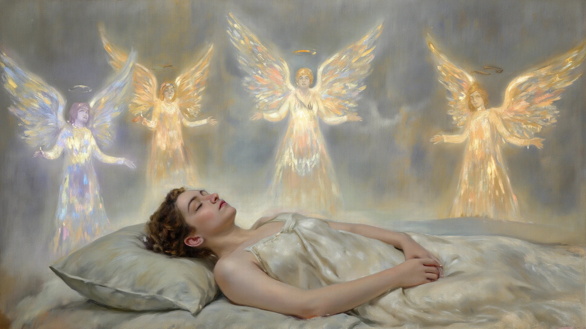 Person lying down with several angels around the bed