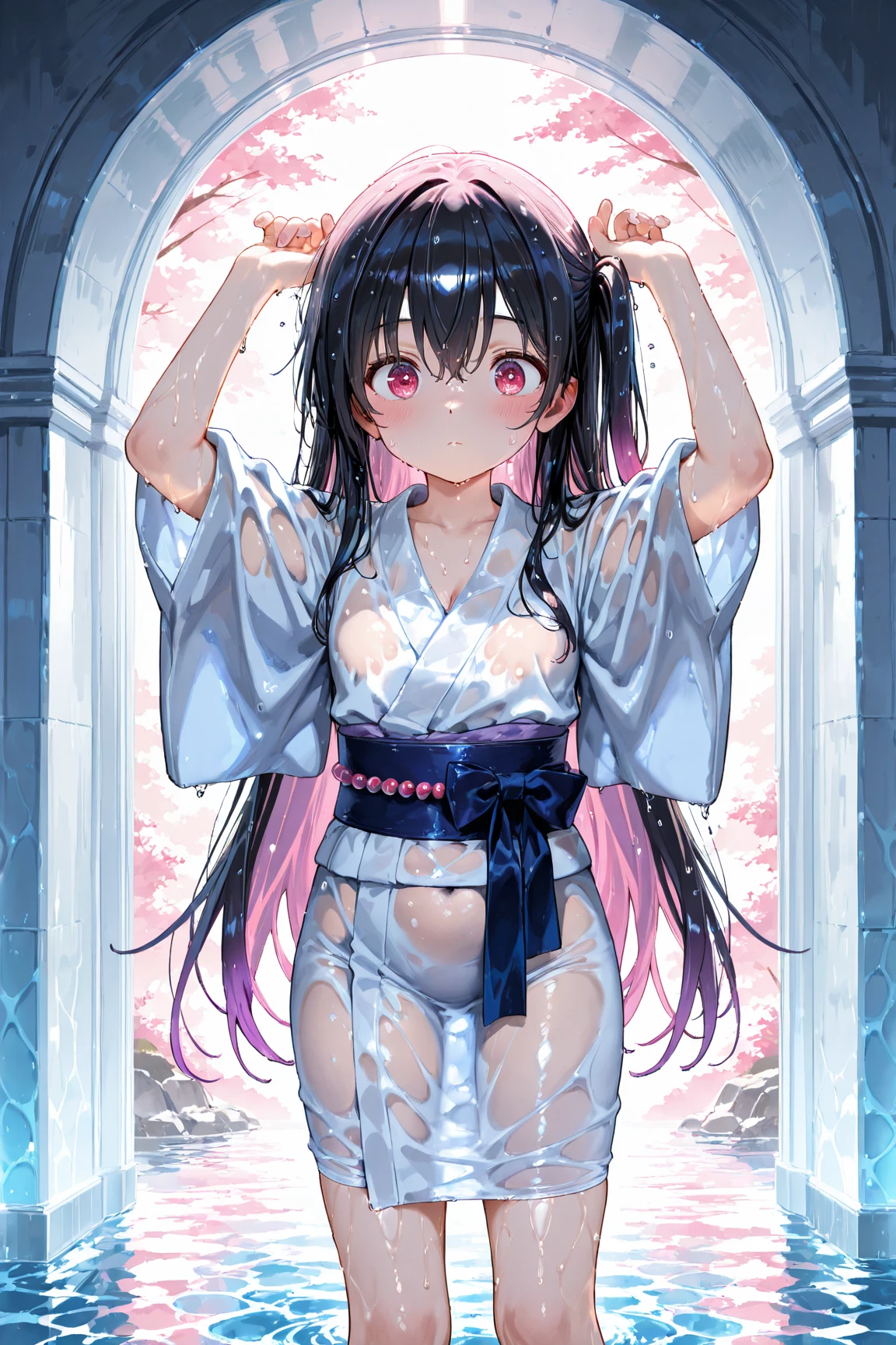 {{{{{gigoku syozyo}}}}}
{{{{amazing quality, great quality, high quality, very aesthetic, aesthetic, best quality}}}}, 
realistic, photo, shadow, Three-dimensional, absurdres, Digital art, 
{{{{Magical girl}}}}, beautiful girl, one girl, 13 years old, 
black hair, long hair, straight hair, trimmed hair, shiny hair, blunt bangs, short sideburns, 
red eyes, {{big eyes}}, {{round eyes}}, eyes wide open, tareme, 
{{flat chest}}, {{small breasts}}, {{detailed body}}, 
{{{Floral black kimono}, white tabi, black geta for women}}}, 
cluster amaryllis, black butterfly, 
No panties, no bra, distress, resistance, defeat, inferiority, absurdres, aroused, sexual pleasure, troubled face, shy, 
orgasm, Screaming, sensitive body, Sweat, trembling, torn clothes, wet clothes, melted clothes, transparent clothes, damaged clothes, girl gets wet, girl takes a bath, wet hair, A girl is immersed up to her waist in cloudy liquid, A girl is covered in cloudy liquid, Multiple transparent pink slimes clings to the girl's body,  