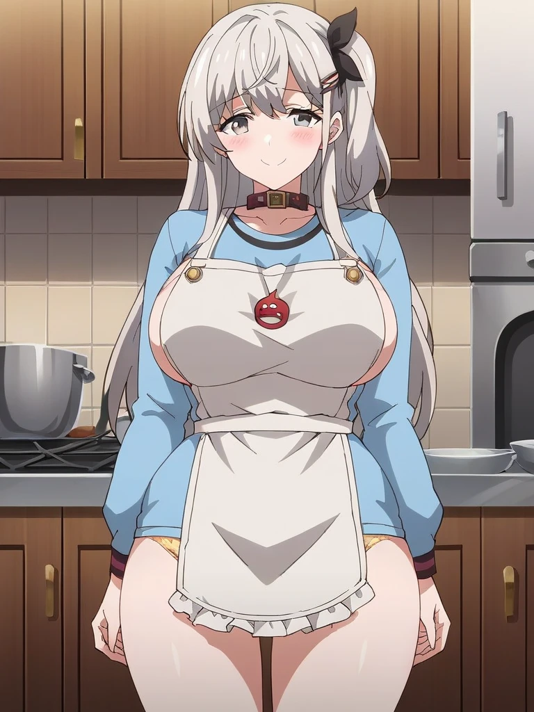masterpiece, best quality, extremely detailed, 1girl, milf, solo, (dark skin, brown skin:2), (huge breasts:1.5), ((((grey hair), long hair, grey eyes))), parted lips, (((naked apron, white apron, frilled apron))), ((light smile), closed mouth), ((hands on own stomach, kitchen