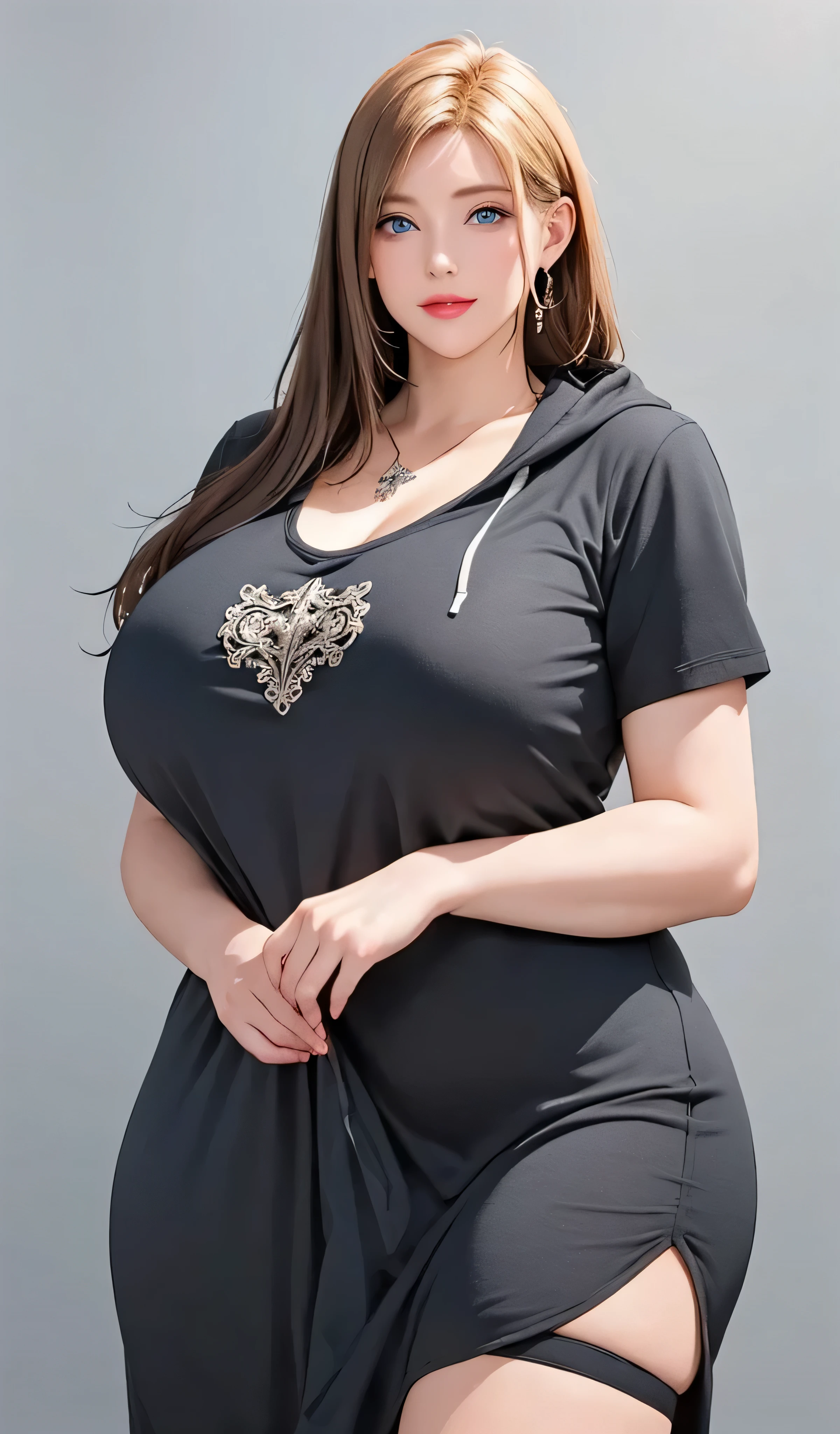 One Beautiful Young Ukraine Cute Women, 19 years old, Tall 1.65 Meters, Large Framed Beautiful Young Cute Women: 1.6, Big-boned, Very Beautiful Young Cute Women, Cute and Charming, Muscule Training, Gym Sport, Muscular Big plump Figure, Muscular big plump body, Large and significant top body portrait, Dark Grey Colour Clothes, Tight Yarns Clothes, Smooth Collared Long Tight Hoodie, Beautiful simple Collared Tight Hoodie, Frontal body clothes covered, (Full covered dress: 1.5), (((Upon body from head to hips)), ((Masterpiece)), ((Highest quality)), (( Super realistic)), ((Ultra-detailed)), ((Illustration)), ((Detail intricated))), Hyper-realistic, Ultra-realistic, Highest resolution, 8K Wallpaper, Room soft light, Sweet fascinating smile, seductive and attractive appearance, Curvy Long Hair, Blonde dark hair, Hair Cover Ears, Best Long hair details, Soldier stand, Vertical straight standing posture and perfect balance, Look at the viewer and camera, Young realistic front face, Perfect face details, Jewelry blue eyes, Beautiful and detailed eyes, Perfect captivating eyes, Perfect noses & ears, Perfect mouth & lips, Best facial balance, Perfect detailed fair skin, Glowing Skin, Natural breasts, Perfect breasts balance, Wide shoulders and arms, Perfect balance shoulders, Big plump waists, Big plump hips, Perfect hands, Perfect fingers, Perfect nails, Best image quality, Fine-grained image quality, Simple Grey colour background, Grey Background, Extreme details, Professional balanced large body, Fully Colth Covered Body, Muscular Appearcance, Entire body clothes covered, Exreme Cute Appearance, Fully Covered Dress with Short Sleeves, Matured Body, Deep Dark Grey Hoodie Dress,
