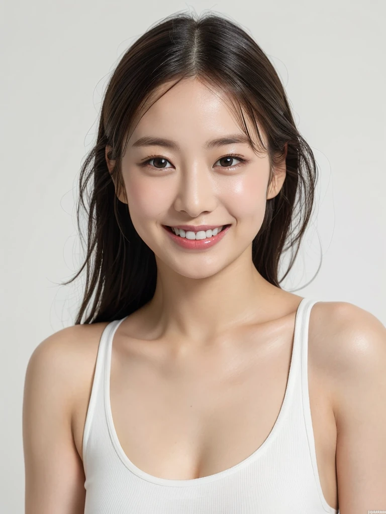 (extra detailed body、extra detailed face、best qualtiy:1.2)、femele、looking at the viewers、(See-through tank top、a smile、sixteen years old、Emo)、(Orange on background:1.4)