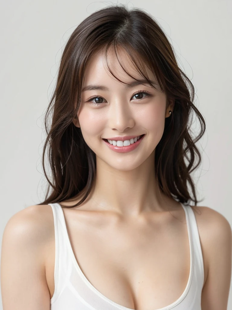 Tank top,Neat,Brown Hair,One girl, chest, smile, Simple Background, 