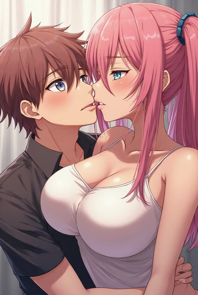 a girl with long, light pink hair with blue, closed eyes, pink lingerie, big breast+she on top of him+a boy called Denji ,orange hair,no shirt +him kissing the girl with his hands on her breasts