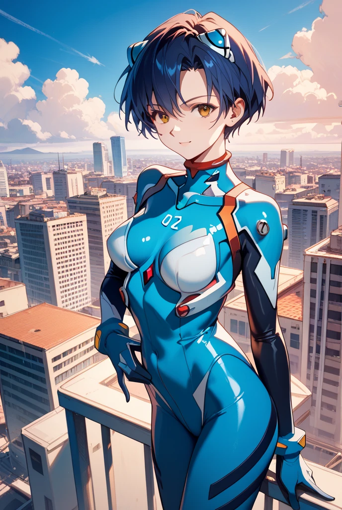 highest quality、Realistic、male、zoom、Cobalt blue eyes、maroon short hair、Hero Suit、Glossy white bodysuit、Blue accents、slender、Dark Skin、Rooftop、An inappropriate smile、Bust Shot、
