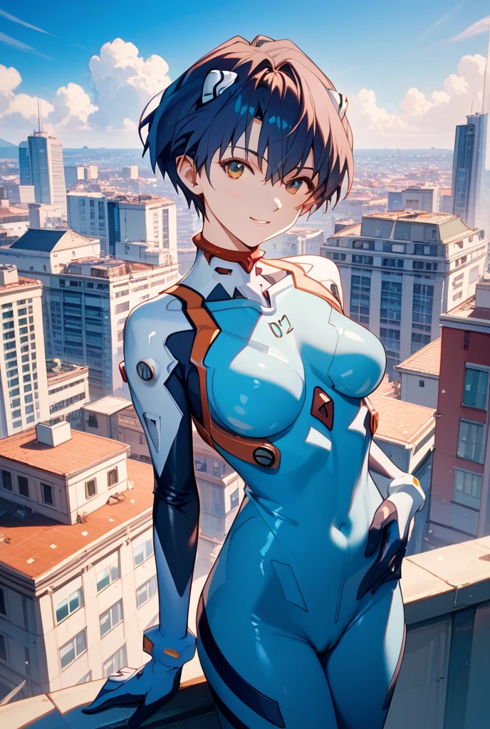 highest quality、Realistic、male、zoom、Cobalt blue eyes、maroon short hair、Hero Suit、Glossy white bodysuit、Blue accents、slender、Dark Skin、Rooftop、An inappropriate smile、Bust Shot、