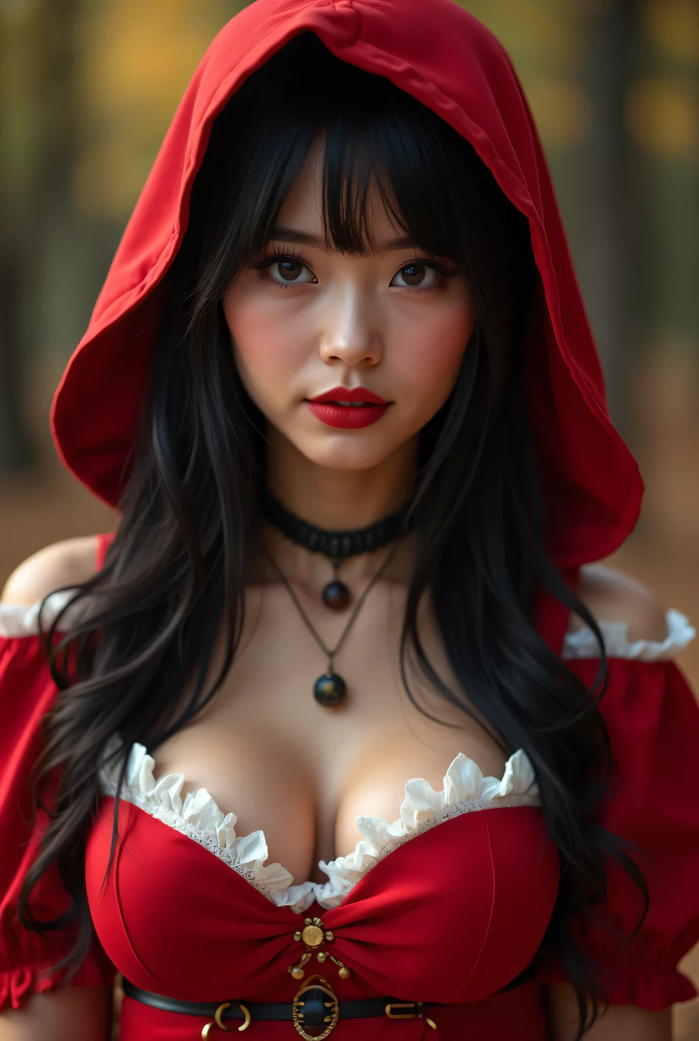 Erotic Little Red Riding Hood Costume ,In the fantasy jungle,mystifying, red cape(10, RAW photography, 最高品質, masterpiece:1.2), a girl、Japan, 18 years old, Full body.She holds a basket of apples., cake and wine{Movie angle、wide angle、Don&#39;t share your screen.、}（Realistic skins 1.4）、（Little Red Riding Hood、wearing a crimson hat）、（（（Red Hat、Red Dresses、black pants、high heels ）））、（（（In the dark forest.、at a deep level, Creepy Forest　、dark night、Fog）））（（Traces of blood flowing from the mouth.,,,,,,,,,,,,,,, ,,,,,、Red Eyes、Black and long nails））、50mm lens、30mm Film.、wide angle、（long、straight hair、）、（He&#39;s a dark-haired person.、The forehead is covered with a bang.、）、black eyes、oily shiny skin、A delicate face、Beautiful delicate eyes、｛small breast、Small、Muscle body、｝、Very erotic, Upskirt scene(((spread her shirt, show your nipples:1.3)))