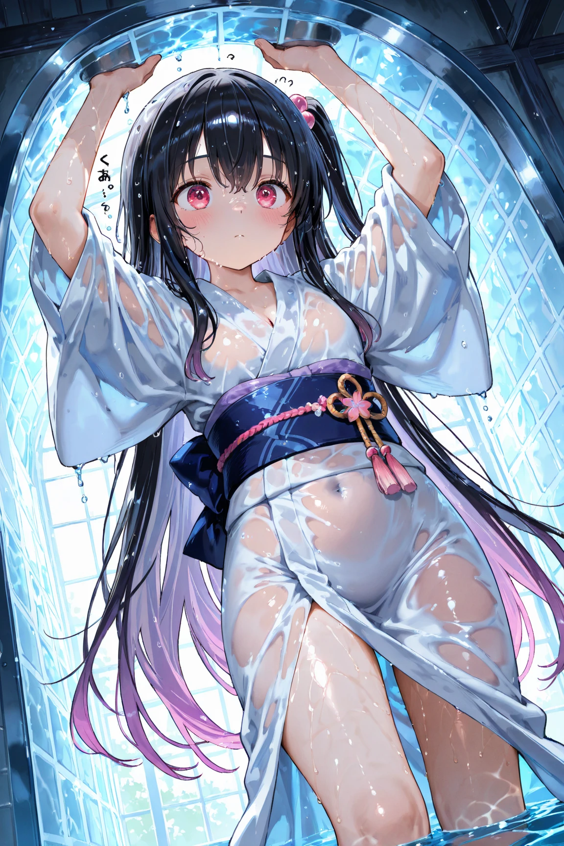 15-year-old girl、(Black Hair、Slightly thin body、Thin limbs、One closed eye、Lowered eyebrows)、Bare chest、bra、kimono(Black or white、Wearing a sash)、Loincloth、Right hand massaging the chest