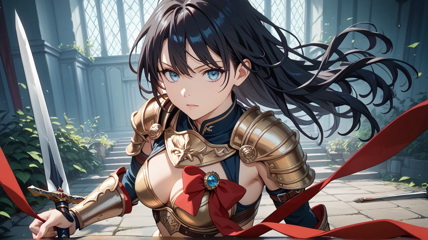 ((Top quality, 4k, 8k, high resolution, masterpiece: 1.2))), (super detailed), (realistic), (photorealistic), (photorealistic: 1.37), (HDR, UHD), (studio (lighting), ultra-fine drawing, sharp focus, physically based rendering, highly detailed, professional, vibrant colors, Warrior: With an angry face, wearing armor and carrying a sword at her waist, chest plate, skirt, walking,