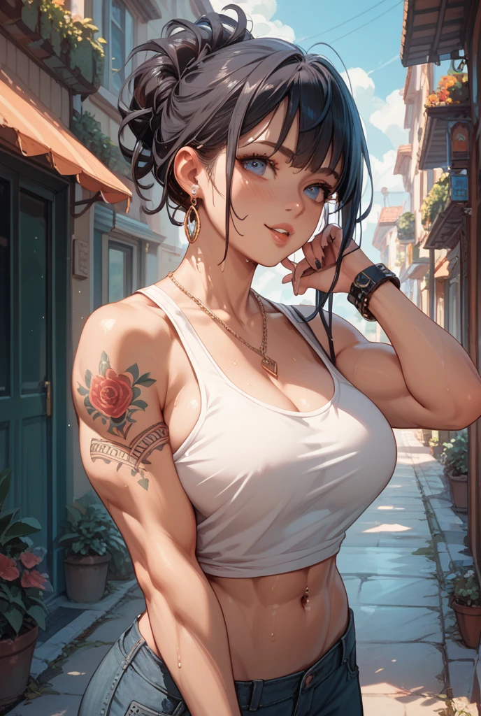 (cutesexyrobutts:0.8), (score_10, score_9_up, score_9, score_8_up, score_7_up, source_anime), (digital painting), (fine line work), (best quality), (extremely detailed), (highest quality), (intricate linework), (intricate details), more detail XL, foto desde abajo, focus cleavage, Akali kda prestige, Yellow Eyes, Black Hair, Arm Tattoo, Tattoo, Big Breasts, cowboy_shot, complex background, hearts, dynamics, nsfw
