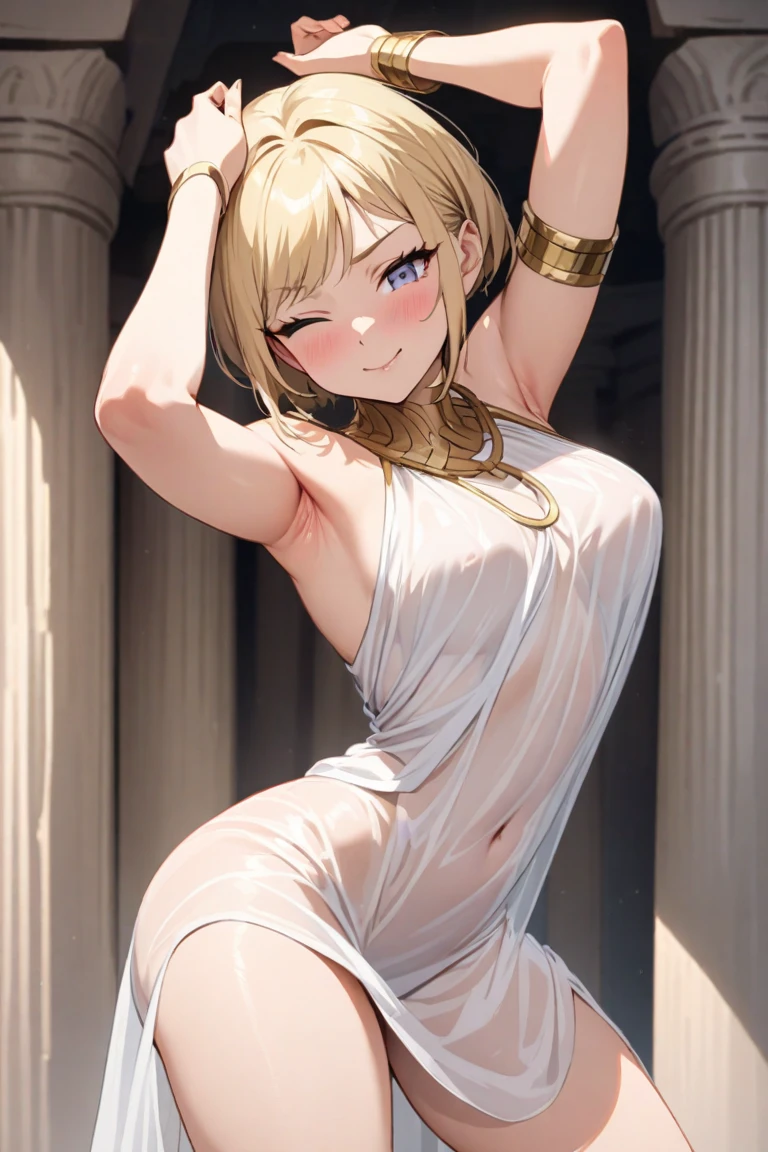 (very close up:1.3) (from side), (sitting on bed:1.4) (doing side splits:1.3) (hands chained behind back:1.1), (golden chain choker), (golden chains), topless, nude, (golden halo), night, (dark cozy bedroom:1.3), on bed, perfect anatomy, large breasts, large butt, thin waist, long light brown hair, (hair tied in a high ponytail:1.3), golden eyes, (seductive look:1.4), (detailed face:1.3) (dynamic lighting:1.3), (gold leaf bracers on arm) (elaborate golden necklace) (gold leaf hair piece) playful smile