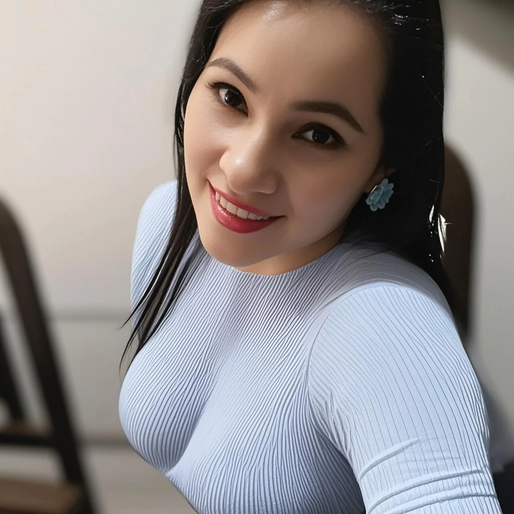 (1girl), sexy woman, slim body, smile, eyeliner, flat stomach, light skin, (Indonesian girl), long black hair, ((big breast)), ((big ass)), perfect face, (masterpiece), high quality, realistic, symmetrical, facial details, color grading, dynamic, lighting, seductive pose, 4K,