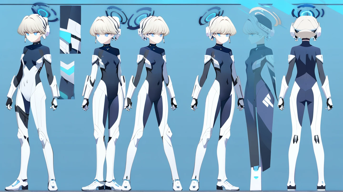 1girl in, ((Character information)、Type sheet, Character Sheets, Three types,Shot Full Body,Game Character Design,Colorful, Bright, Cyborg, a robot