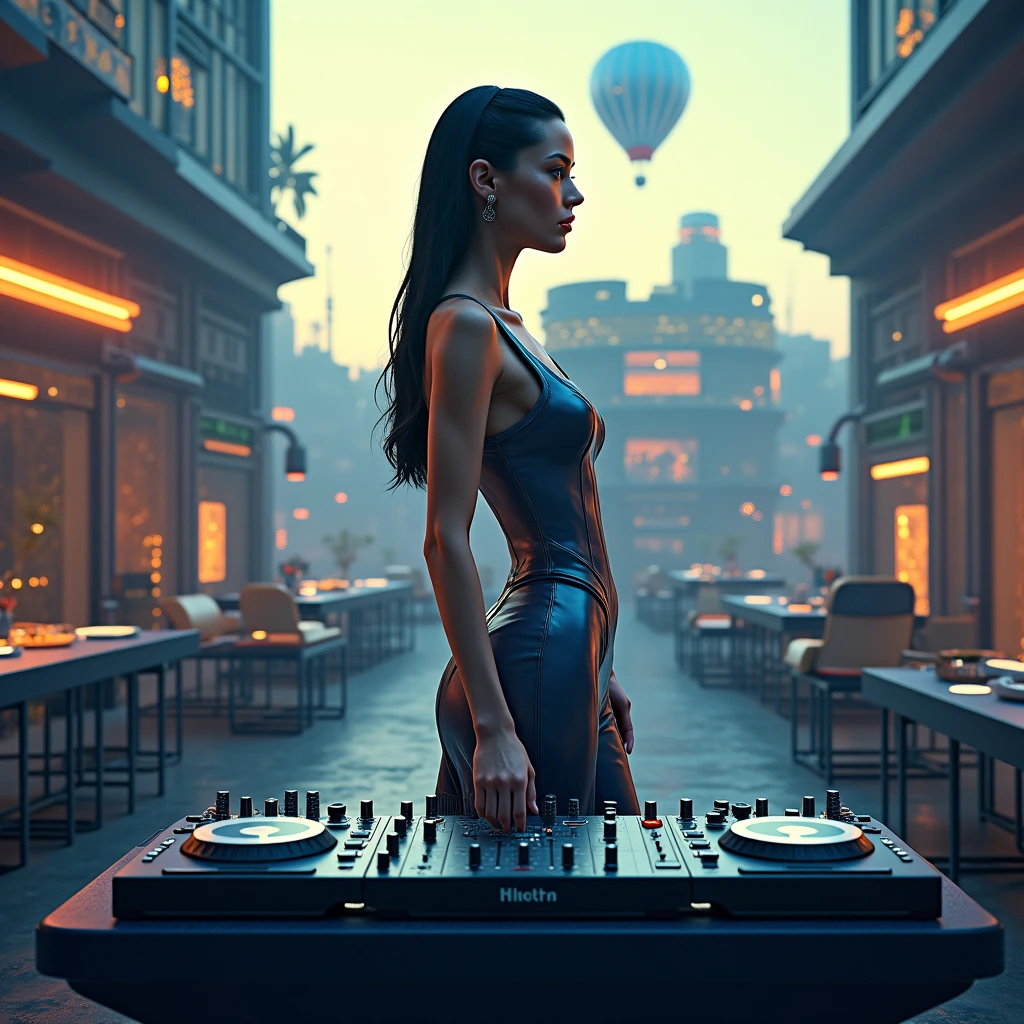 (((a large-breast bikini slim GIRL with black micro sunglasses))), (((aiming at viewer with a pistol))), a balcony of a futuristic building, aerial view of an ultra-futuristic megalopolis, many metal buildings and houses in dark colors from dark blue to black, a cidade tem tons de cinza metal, has smoky metal structures , industrial environment with smoke and fog around, carros escuros nas ruas, desert megalopolis, trilhos e trens modernos de de metal passando estre as ruas da cidade, tall futuristic metal buildings, many ultra modern buildings around, (((an Egypt sphinx statue on the top of building))), realistic, detailed, sci-fi.