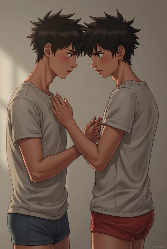 2children from 13 years old , Parlero, dentro, (obra maestra, La mejor calidad, absurdos ), escuela,Classroom two shirtless kids are in school have sweatpants looking into each other's eyes sadly are in the sports room