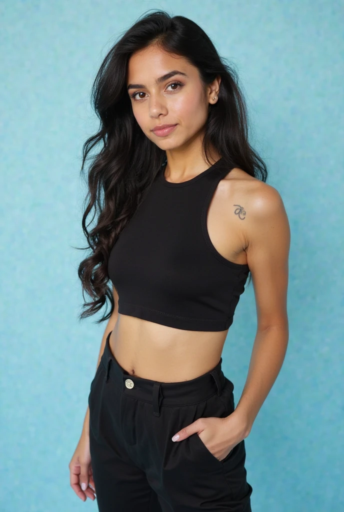 a 23 year old Bolivian girl with brown hair, piel clara, ojos claros, sonrisa delicada, estatura 1,60, senos medianos, cintura regular, cuerpo delicado, vistiendo jeans ajustados color negro y blusa color negra