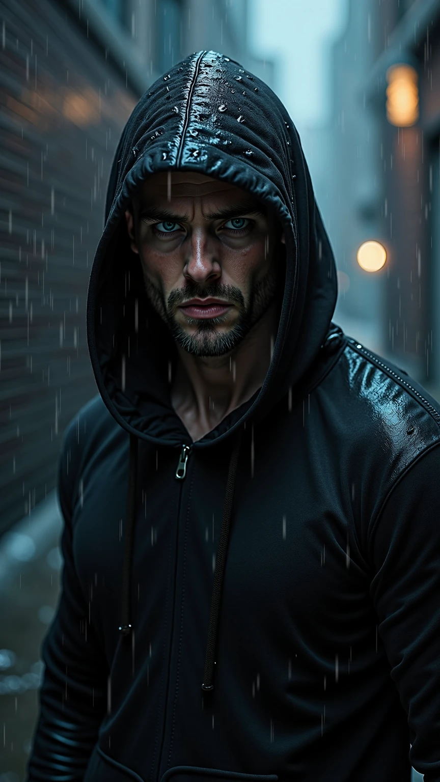 a man in a black hoodie alone in the rain with an expression of victory
