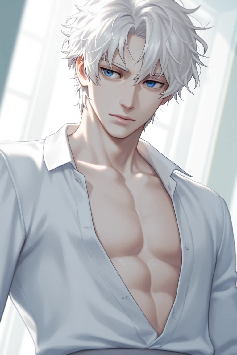 cover for a book, photography of a sexy angel man, a solo man, (((man))), (masculine face), 25 years old, fighter, big bad boy, (gray eyes), expressive look, long white hair, (((dark background))), shine hair, unshaven, shirtless, scars, super detailed face, perfect body, perfect shapes, realistic image, award winning photography, 8k,