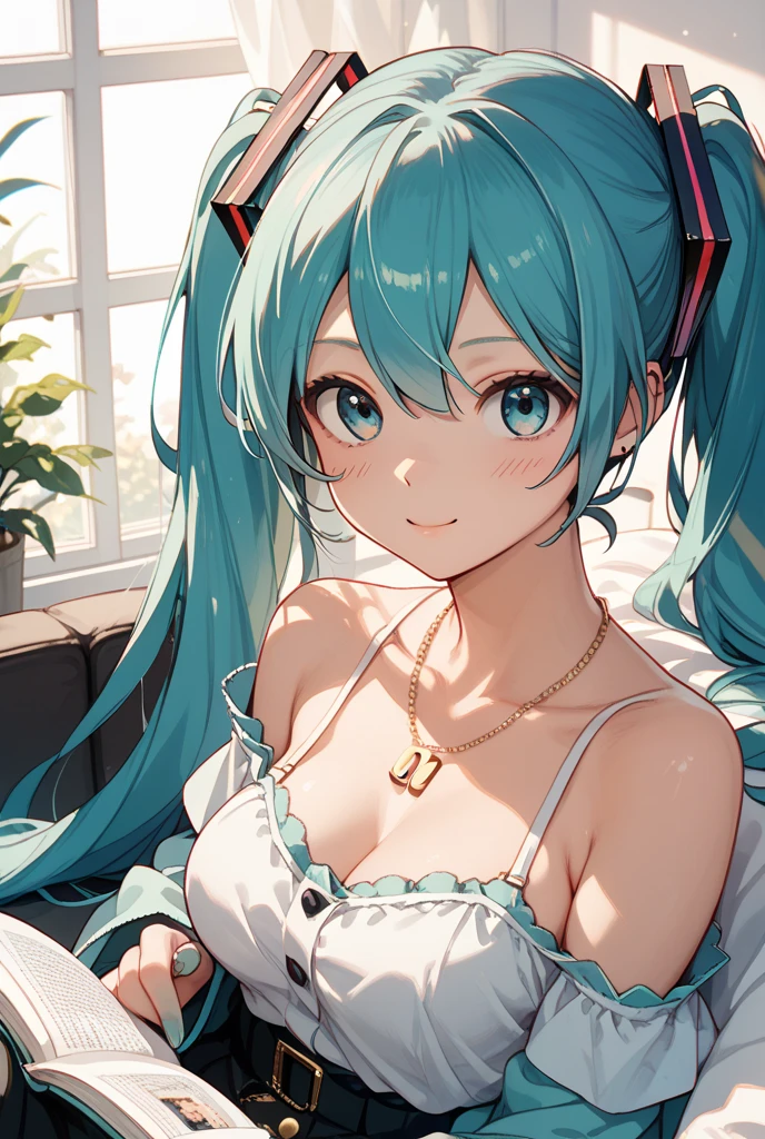 Super detailed, NSFW, masterpiece, High resolution, Photorealistic digital art, perfect lighting, (((1 girl, perfect anatomy))), accurate right hand, accurate left hand, five fingers, perfect style, hatsune miku, 3d face, big light blue-green eyes, glossy lips, blue-green long hair, shiny skin, smile, (((twin tails))), big square hair accessories, (((Parvati))),