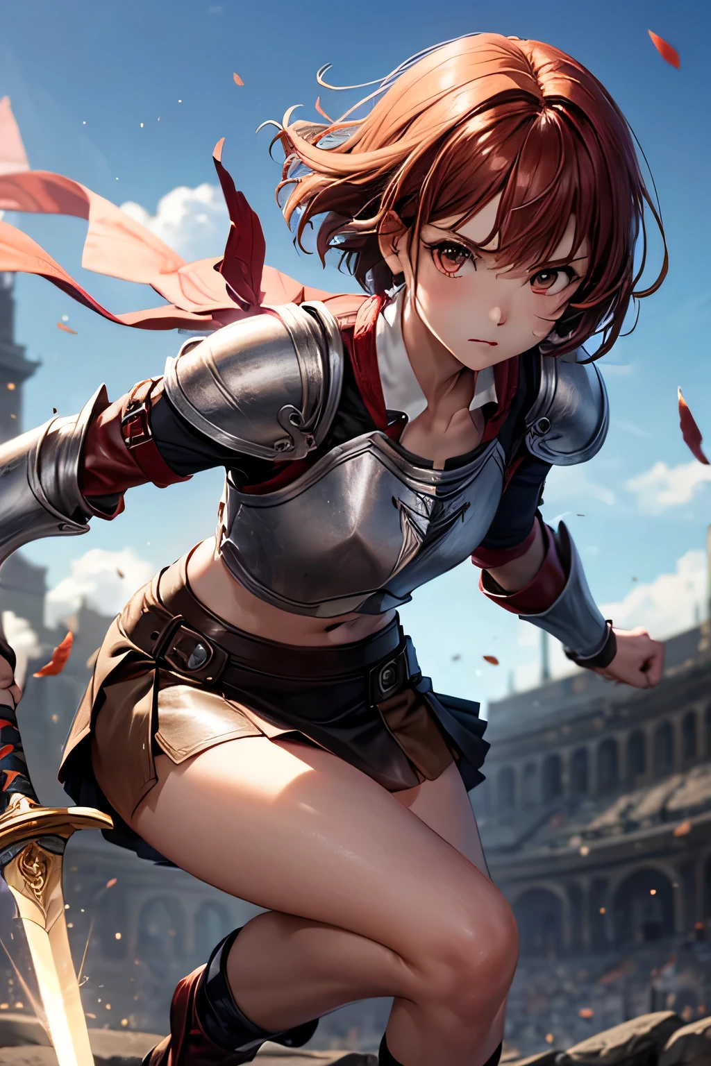 gladiator , light armor , training , isekai , blood splat , bare foot , angry , mad , arena , sword and shield , young boy , sun light