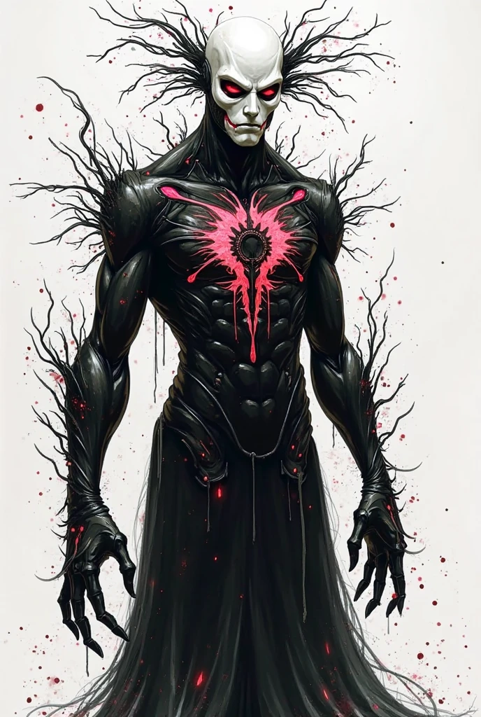 1 boy, 16 years old, venom symbiote body, piercing red eyes, black hair, intricate detailed face, sharp teeth, dramatic lighting, dark fantasy style, cinematic composition, moody atmosphere, digital art