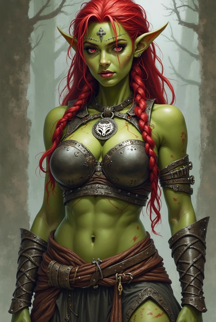 1girl, beautiful female orc, large fangs, fangs out, breasts, with a big axe in her hand, village on fire, ash, outdoors, night , looking_down, looking_at_viewer, standing, cowboy shot, abs, toned, absurdly long red hair, braids, amber eyes, dynamic pose, green hair, hair tied back, fantasy, epic, sexy  <lora:femaleorcv1-000001:1>