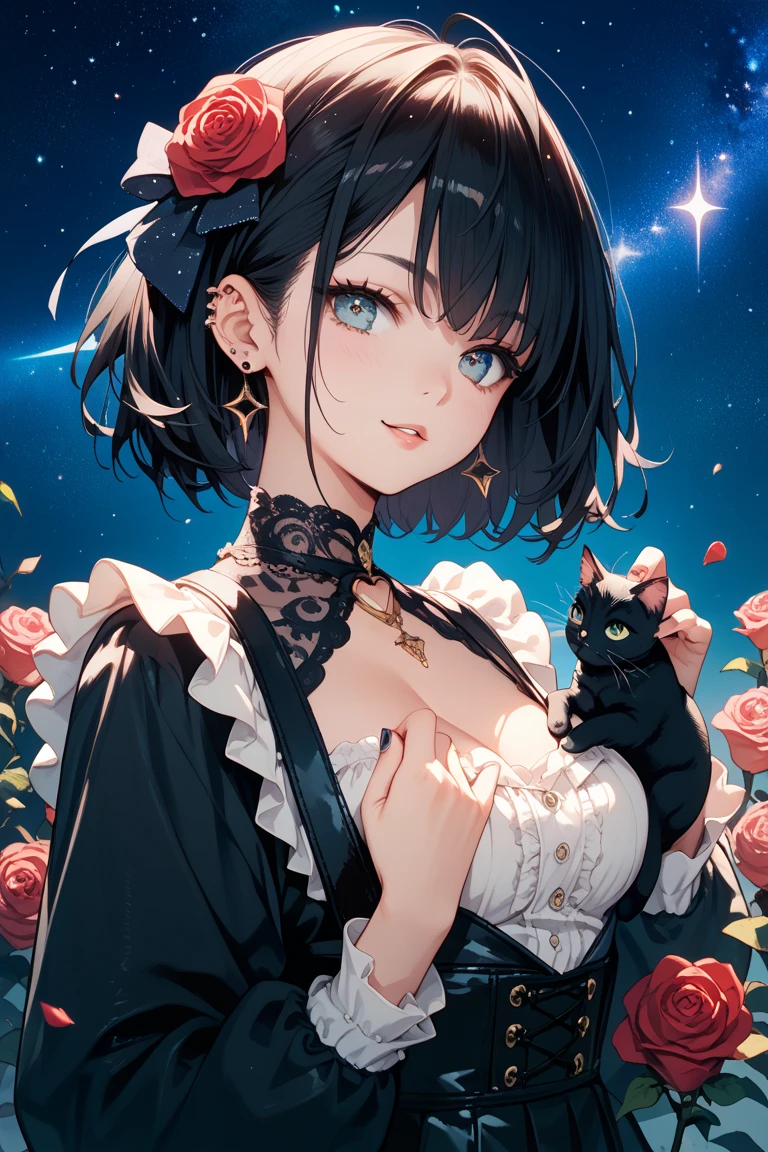 masterpiece, Best quality, чрезвычайно подробные обои CG Unity 8k, kirigami, (upper body), 1 girl, 1 girl, Heterochromia, black and purple hair, gradient hair, ahoge, black cat ears, looks at the camera, Wedding Dress, white stockings, Mary Jane, perfect artwork, milf, shy face. beautiful gold pendants on the head, sparkling eyes, detailed eyes