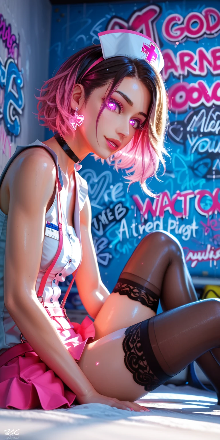 (best qualityer, ultra detali, photorrealistic: 1.39), bright and vibrant colors, studio lighting, romantic expression, short jeans, bra, platinum undercut, colored hair, breasts small, adjusting, shorth hair, mercenary, sorriso sexy