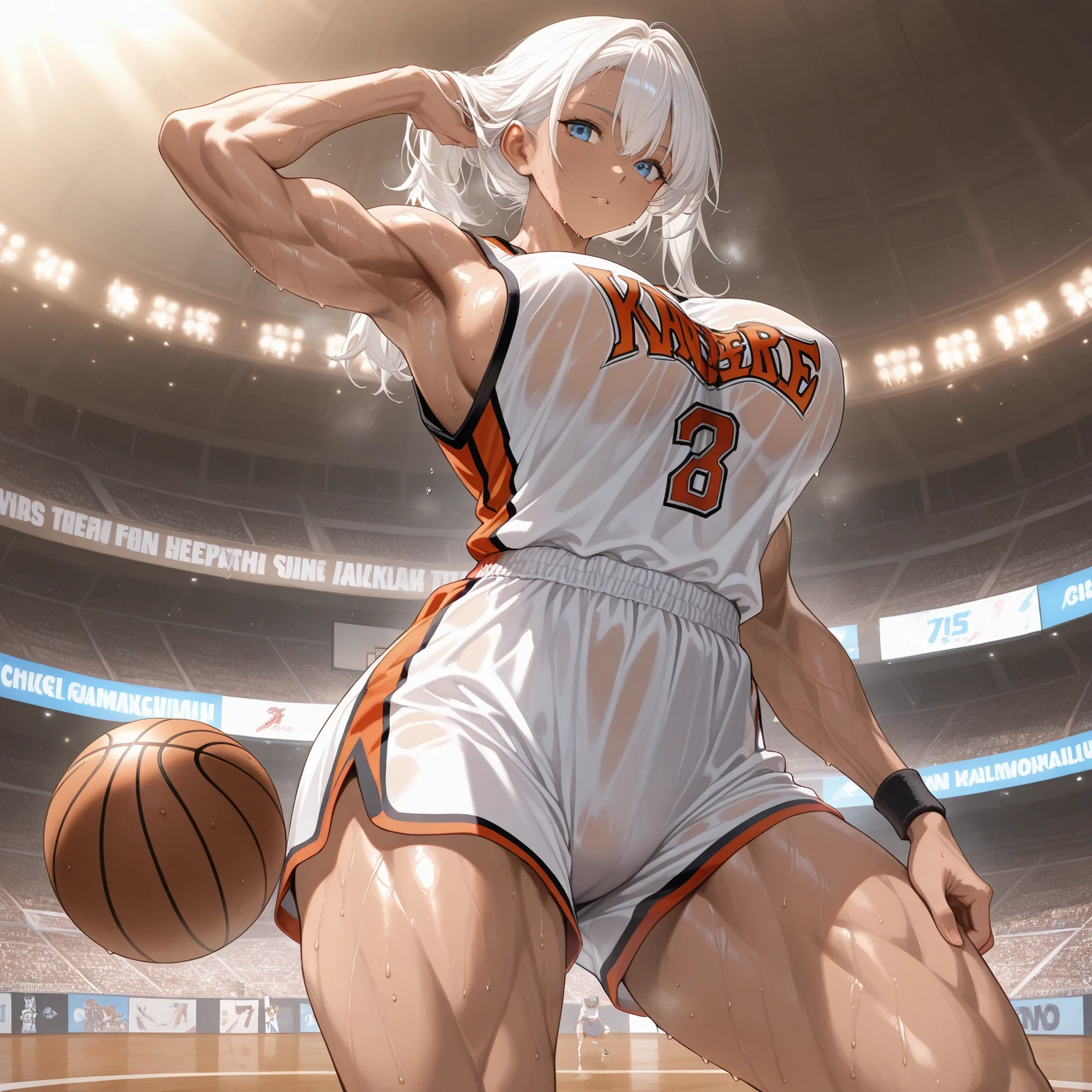 dynamic pose, (white hair with highlights:1.2),(8k, best quality, masterpiece:1.2), (realistic, photo-realistic:1.37), ultra-detailed,best quality, ultra high res, professional lighting, photon mapping, radiosity, physically-based rendering, cinematic lighting, basketball court,depth of field, (sharp focus),sunbeam, good composition,(bokeh:1.2) 1girl,solo,(full body), (closed mouth),beautiful detailed eyes, pose, narrow waist,basketball uniform, (messy hair,long hair floating in wind),(ulzzang-6500:1.2) mix4, hiqcgbody,((ultra-detailed)),(best illumination, best shadow, an extremely delicate and beautiful),(extremely detailed CG unity 8k wallpaper,masterpiece, best quality, ultra-detailed),(best illumination, best shadow, an extremely delicate and beautiful),floating,red eyes,dynamic pose,(pretty girl), ((medium chest, tomboy, small head)), (cut abs: 1.1), (perfect body: 1.1), (short wavy hair: 1.2), auburn hair, collar, chain, full body, workout , sweat,((shorts)), (extremely detailed CG 8k wallpaper), (extremely delicate and beautiful), (masterpiece), (best quality: 1.0), (ultra high resolution: 1.0), beautiful lighting, perfect lightning, realistic shadows, [high resolution], detailed skin, super detailed (((colorful)))