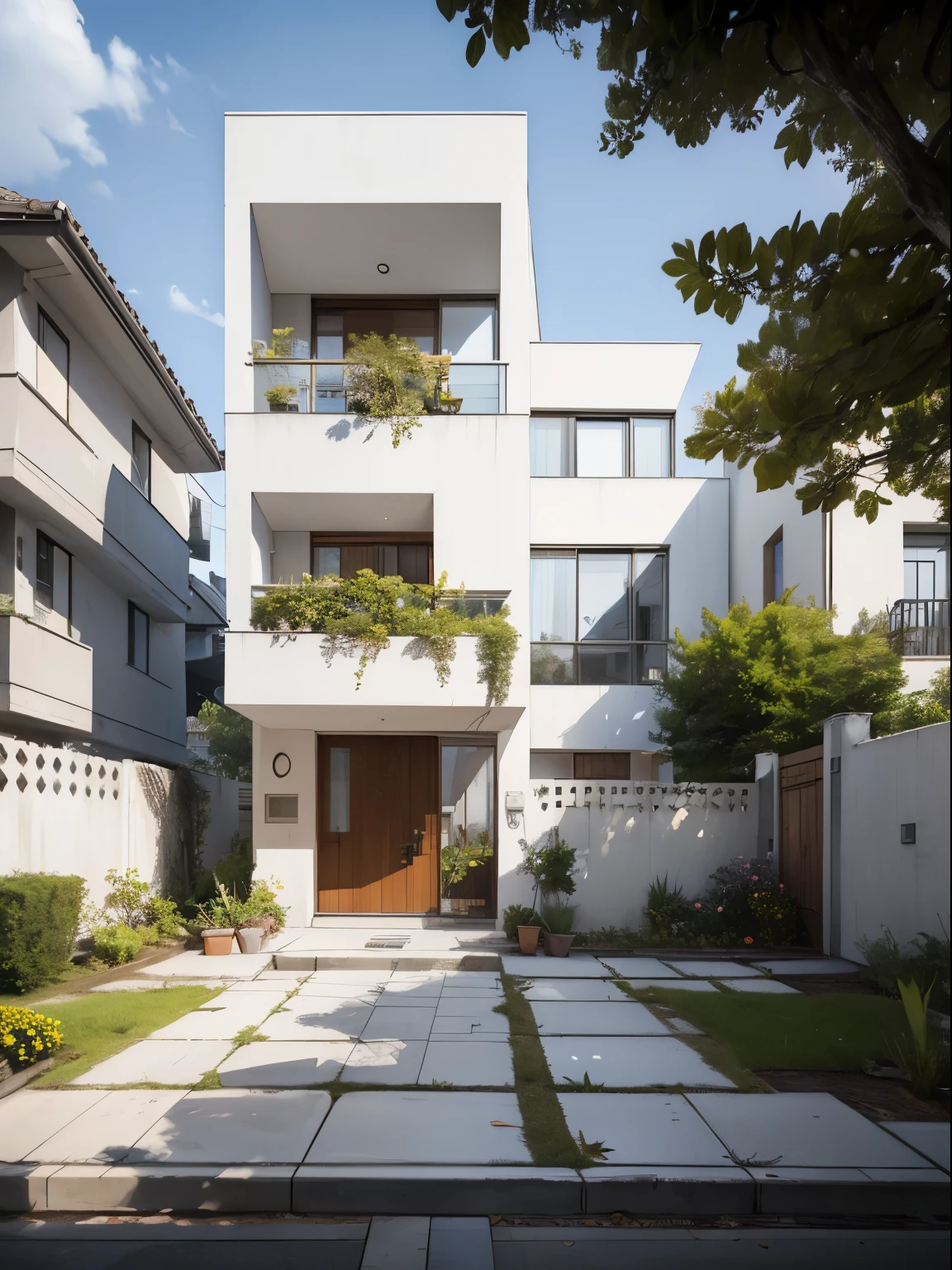 RAW photo, Masterpiece, high quality, best quality, realistic, super detailed, exterior, outdoor, townhouse, located in the city, (white wall :1.4), glass windows, (gray roof :1.1), decorative tiles on small wall, , trees, beautiful sky, grass, stone walkway, view from height (date:1.1), vivid colors, vray, (sunlight sky:1.1), decorative wooden paneling, wooden door frame, flower bed in front of the house