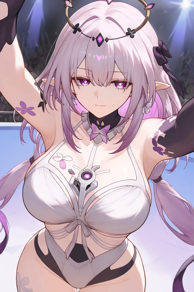 masterpiece, ((royal dressed)), ((wing)), halo, (best quality), river, water, wet skin, rainny days, forest,(solo), 1girl, reona, silver hair, purple hair , (short skirt), long hair, purple eyes, sexy woman, hair between eyes, hair ornament, vibrant colors , natural lighting, RTX, (huge tits), (detailed face:1.2), (perfect eyes:1.1) ,(photorealistic:1.1), 8k uhd, looking a viewer, outdoors, simple backround, smile, (upper body), standing pose, ((spreads legs), tcleavage