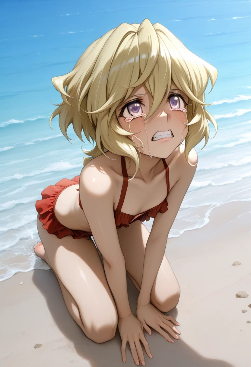Best Quality, masterpiece,(top quality, top quality, beautiful CG,) Cowboy shot:1.2,{{{saber alter:1.6}}},She sits on the beach with her legs spread wide open, {{{{She's watching the viewers:1.6}}}},slender body type, glossy skin, blonde, ((gold eyes:1.2)), signon hair, shortcuts, very cute girl, glossy skin, (((She's on a very beautiful beach:1.2))),((She looks displeased and a little angry:1.6)),she closes her mouth,((She only wears a very cute black color bikini:1.2)),{{black ribbon}},sexy body, erotic body,((It's clearly depicted to the top of her head:1.9)),{{{{She's watching the viewers:1.6}}}},(((Very sunny seaside:1.2))),sexy high leg bikini:1.6,{{camel toe:1.6}}