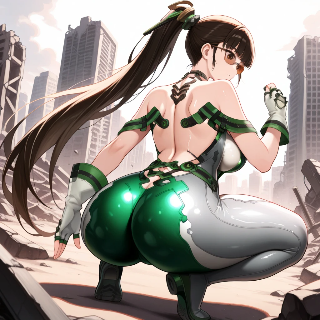 masterpiece, best quality, guilty \(nikke\), 1girl, solo, standing, huge ass, wide hips, curvy, very long hair, purple eyes, brown hair, green hair, two-tone hair, arms behind back, night sky, night, darkness, (cyberpunk, science fiction, neon lights:0.6), abandoned, ruins, concrete, overgrown, chain-link fence, debris, rubble, destroyed