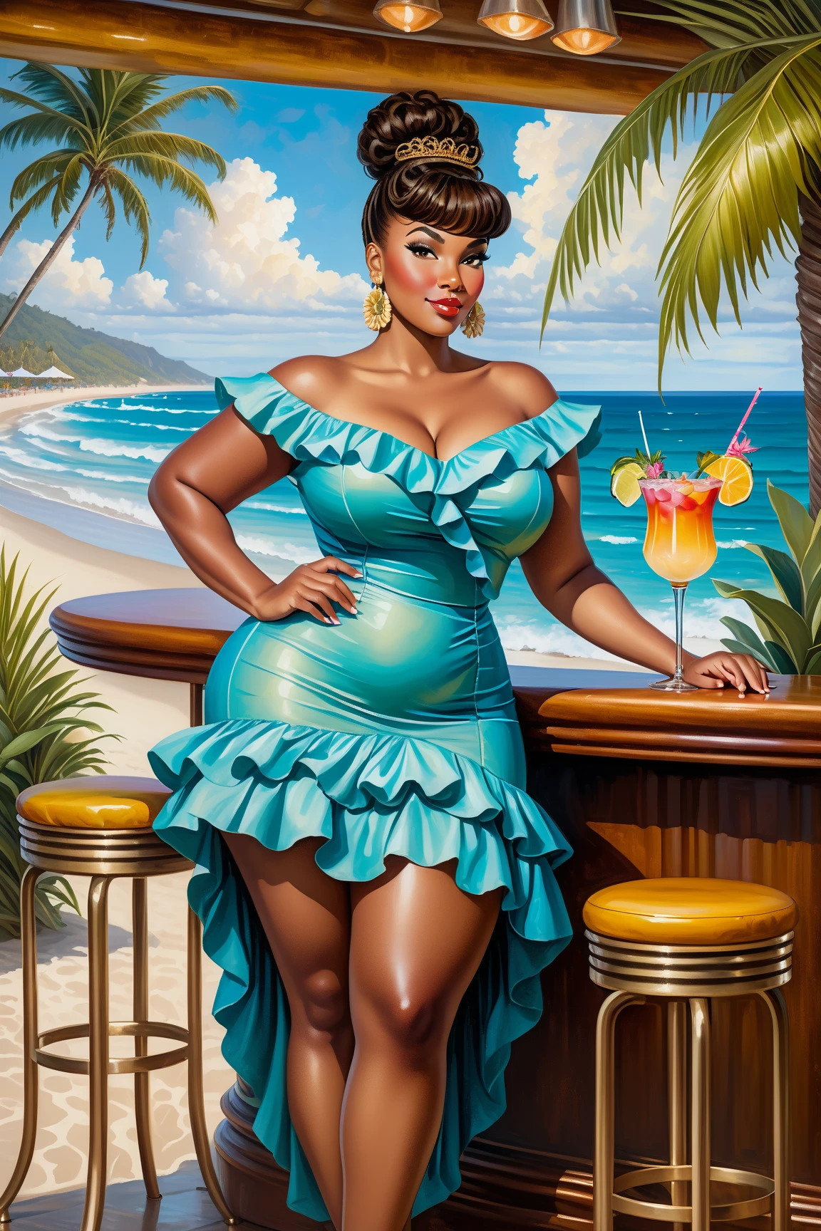 araffe 1girl (naniwaifu:1), (16yearsold), 16 years old, young divine feminine girly, angelically face, brow skin, black skin, brown sugar skin, detailed realistic skin, cute , gorgeous, naughty, large huge shaped worked buttocks, taking a selfie in a bathroom mirror,(( tie_dye print tight dress)), tight attire, ((skintight mini dress)), skinny waist and thick hips, big sexy booty, sexy dress, short Lycra minidress, slluty girl , doujin 16 years old, thicc, voluptuous photo of slim girl, huge saggy breasts , devil smile, in tie_dye print tight short dress, hyper intricate detailed,