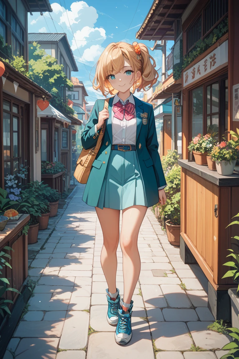 {{{one girl with seven heads}}}, beautiful detailed girl, game CG, spring blossoms, short bob hair, pastel orange hair, purple eyes, Fashionable accessories, alone, Breast augmentation, medium shoot, woman, big breasts,{{{{{Black flared skirt}}}}}, Stylish bag, {{{{{Wearing a green jacket}}}}}, white camisole, beautiful and detailed eyes, highest quality, super delicate, highest quality, official art、highest quality、unity 8k wallpaper、32K、masterpiece、Super detailed, blue sky visible in the distance, Asahi, fantasy background,A city full of flowers and light, Chinese-style city, clouds in the distance, thick thighs, cute smile, open your mouth, A few birds are flying in the distance,Event still images,brown boots,