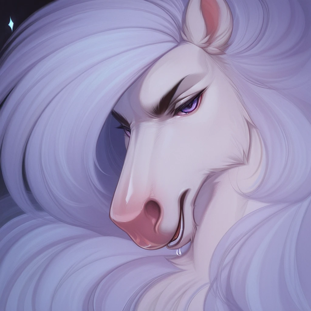 Close-up portrait of an anthropomorphic stallion, hyper-detailed facial features, expressive eyes with deep reflections, realistic fur texture, flowing mane with individual hair strands, cinematic lighting, symmetrical composition, 4k, ultra sharp focus, fantasy character design