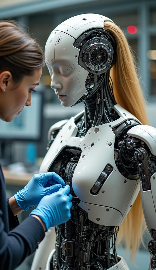 A young aatatmvkf woman working on the assembly line of the humanoid robot factory.