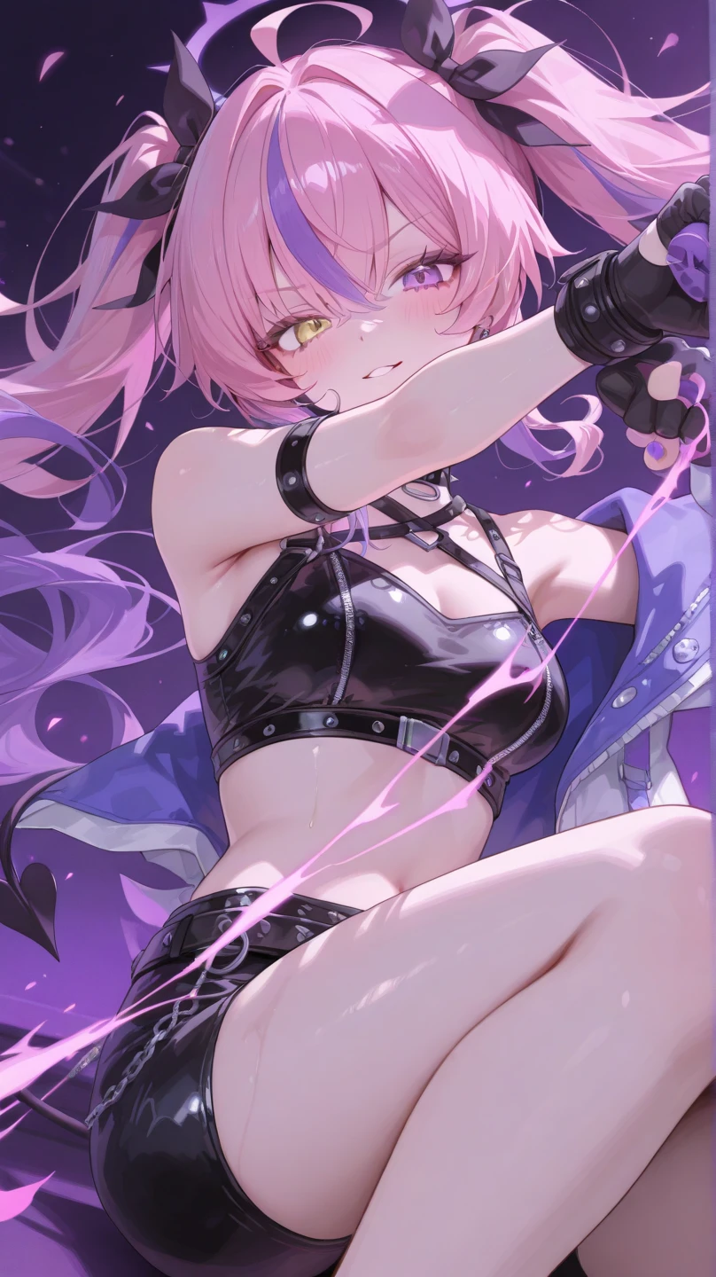 {{Masterpiece}},a woman with purple skin horns,Best Quality, Extremely detailed CG unity 8k wallpaper, dark background, (showy:1.5), (showy hair:1.5), looking towards the viewer