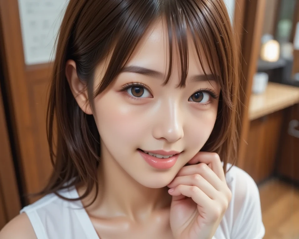 masutepiece, Best Quality, 8K, 1 girl, 20 yo, Closed mouth, Happy smile, close-up, Close-up of face, Solo, Cute, Girly, Delicate girl, Neat and clean beauty, Raw photo, Professional Photography, Portrait, Soft light, Professional Lighting, Back lighting, Look away, looking at away, Sophisticated, Film grain, (Eyes and faces with detailed:1.0), medium length floating hair, Beautiful flowing hair, Bangs