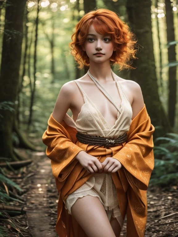 15 year old girl, Lovely, orange hair, Very short, Very curly, slim, flat bust, with freckles on the face, with slavic features, with Kimono, bare shoulder and chest, Whole body, shows her legs, In the woods.